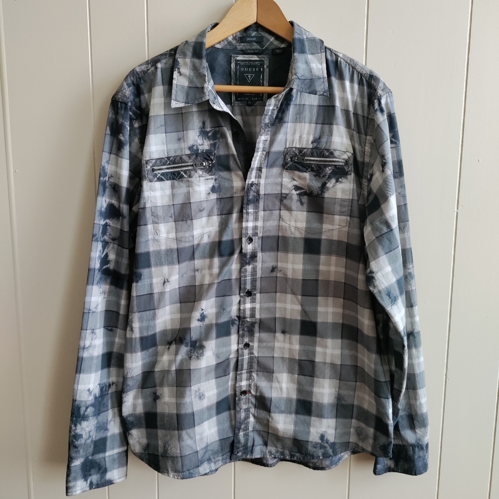 Guess Distressed Plaid Button-Up Shirt Size XL